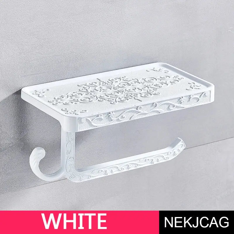 White ornate aluminum toilet paper holder with floral embossing curved hook and phone rack by decorbites