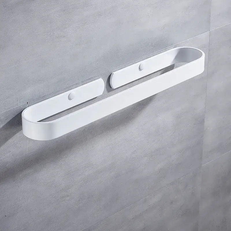 White sleek decorbites aluminum towel holder with minimalist design and two integrated hooks for wall mounting