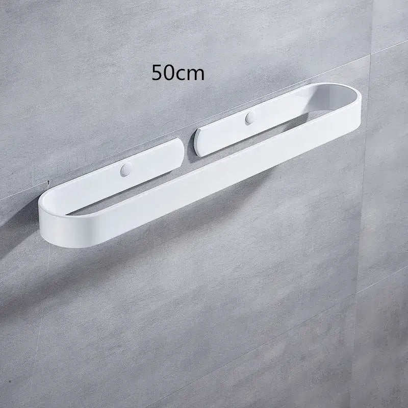 White sleek 50cm wall-mounted aluminum towel holder with minimalist design and smooth plastic finish by DecorBites aluminum towel holder