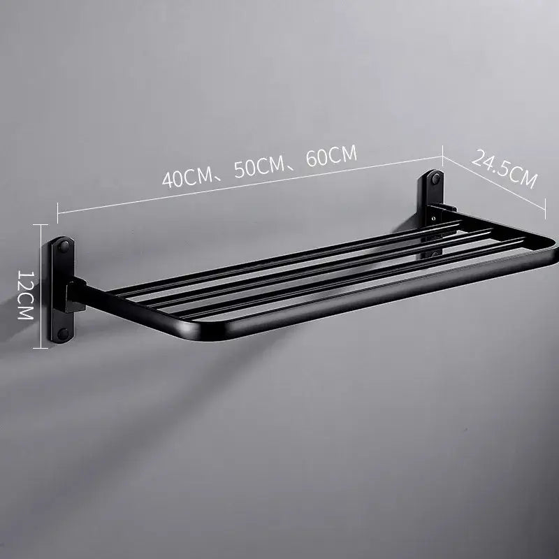 Black metal wall-mounted aluminum towel rack by decorbites with multiple horizontal bars in black finish