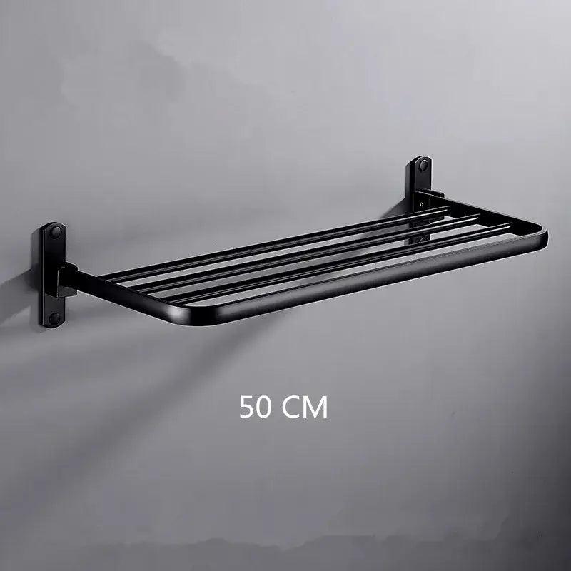 Black metal DecorBites aluminum towel rack with sleek modern design and five parallel bars for bathroom use