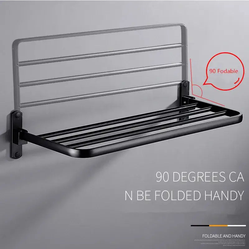 Black and silver foldable wall-mounted decorbites aluminum towel rack with modern minimalist design for bath organization