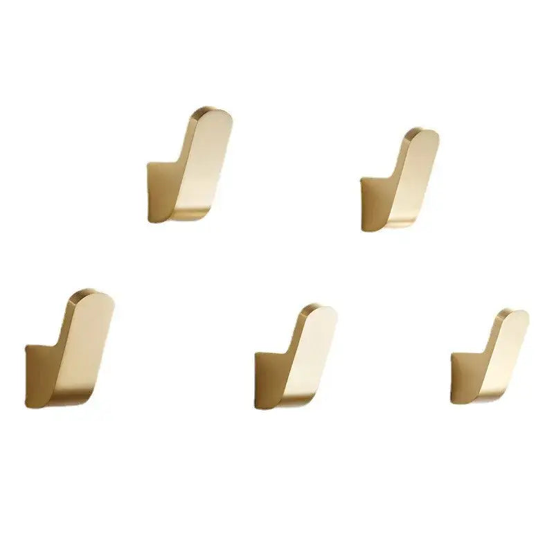 Set of five modern brushed gold decorbites aluminum towel and robe hooks with sleek minimalist design for kitchen and bathroom