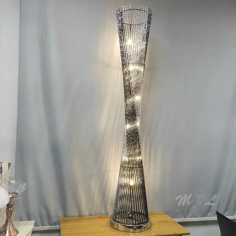 Modern silver twisted aluminum tower floor lamp with sparkling crystal beads and warm led lights for living room
