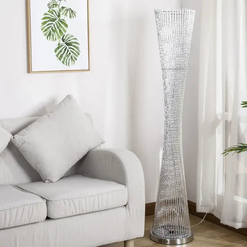 Silver beaded decorbites aluminum tower floor lamp with tall slender design and metallic base for modern living room decor