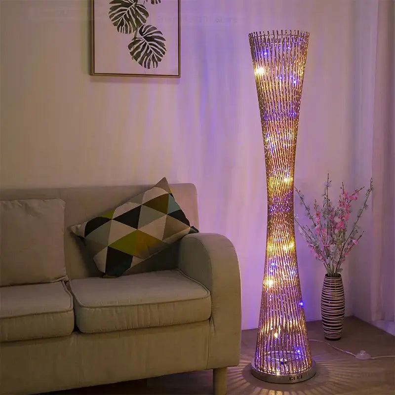 Decorbites™ aluminum tower floor lamp with golden frame and warm yellow and cool purple led lights for living room decor