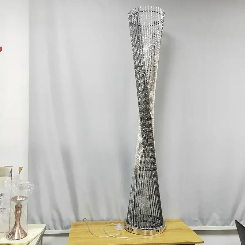 DecorBites silver beaded aluminum tower floor lamp with tall twisted cylindrical design for modern living room decor