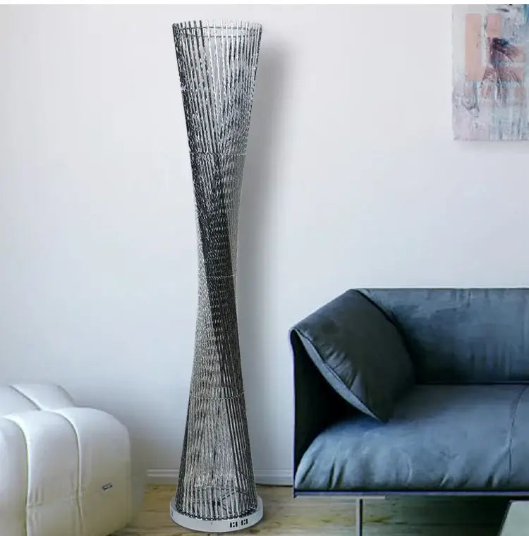 Silver metallic floor lamp decorbites aluminum tower floor lamp with slender conical interwoven chain design for living room