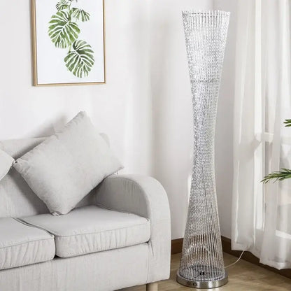 Silver metallic decorbites aluminum tower floor lamp with tall slender interwoven wire mesh design for modern living room