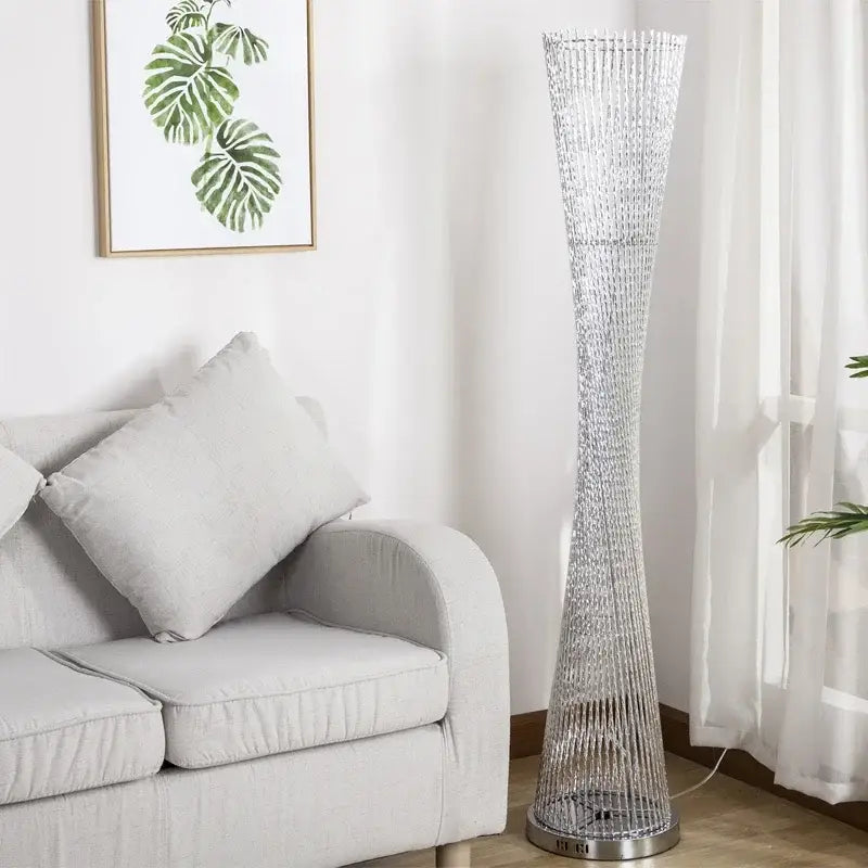 Silver metallic decorbites aluminum tower floor lamp with tall slender interwoven wire mesh design for modern living room