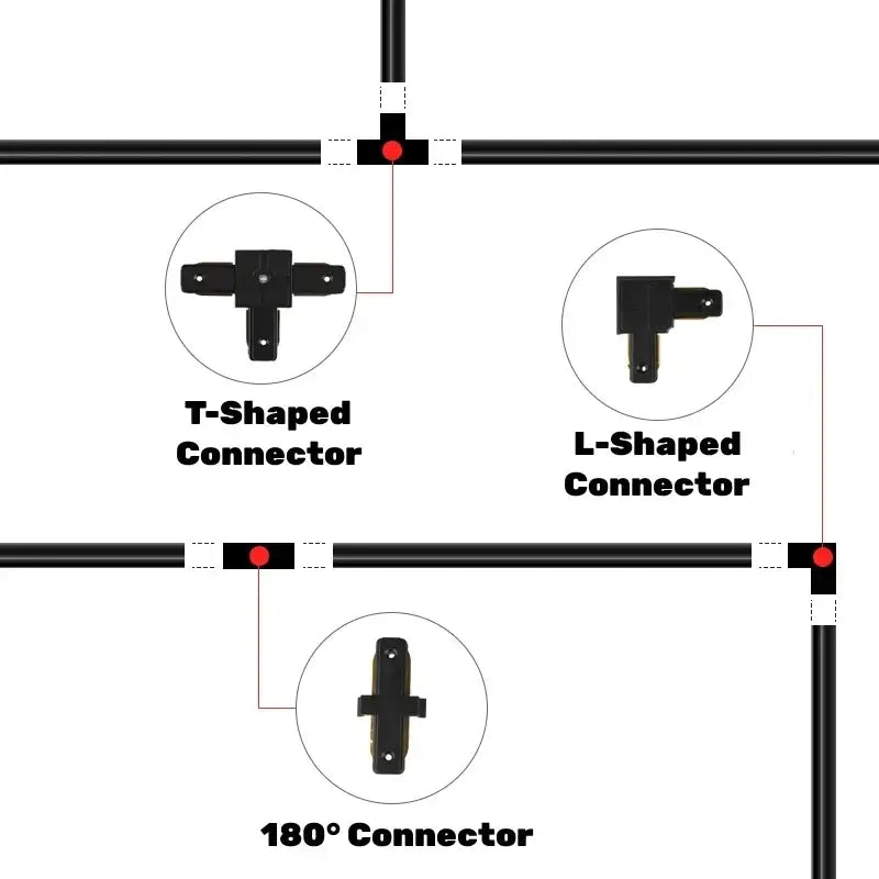 Black plastic t-shaped l-shaped and 180° connectors for decorbites aluminum track rail led ceiling spotlight track lighting system