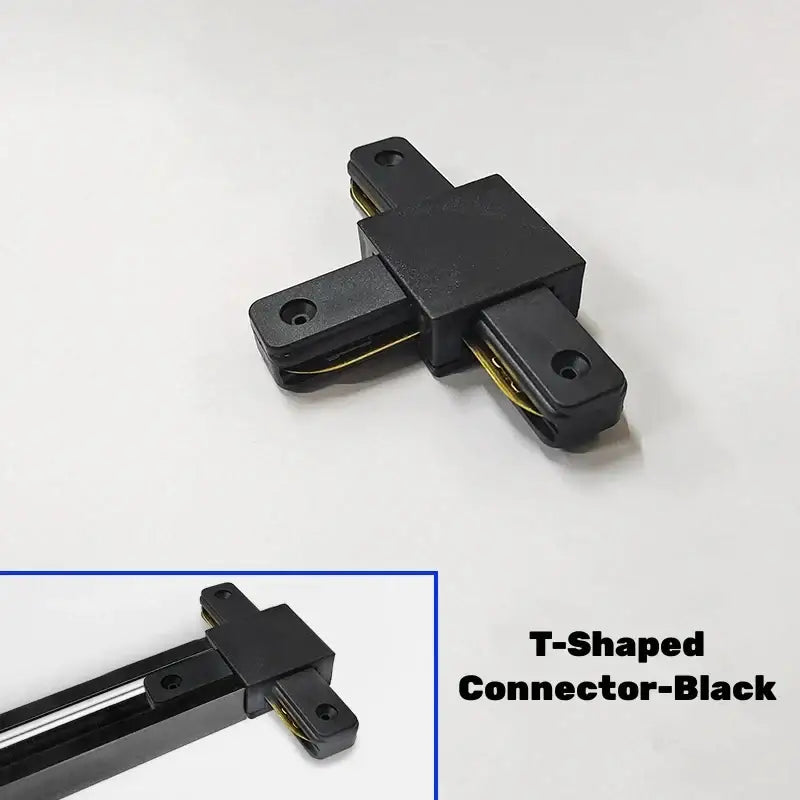 Black t-shaped track lighting connector with gold contacts for decorbites aluminum track rail LED lighting system