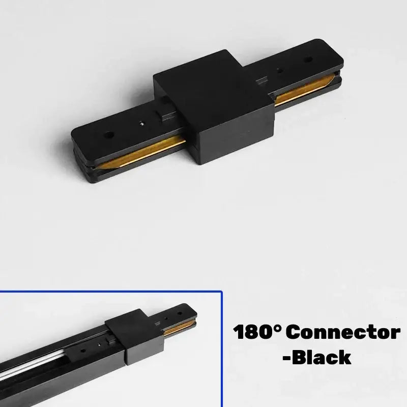 Black 180-degree track lighting connector with gold internal contacts for decorbites aluminum track rail system