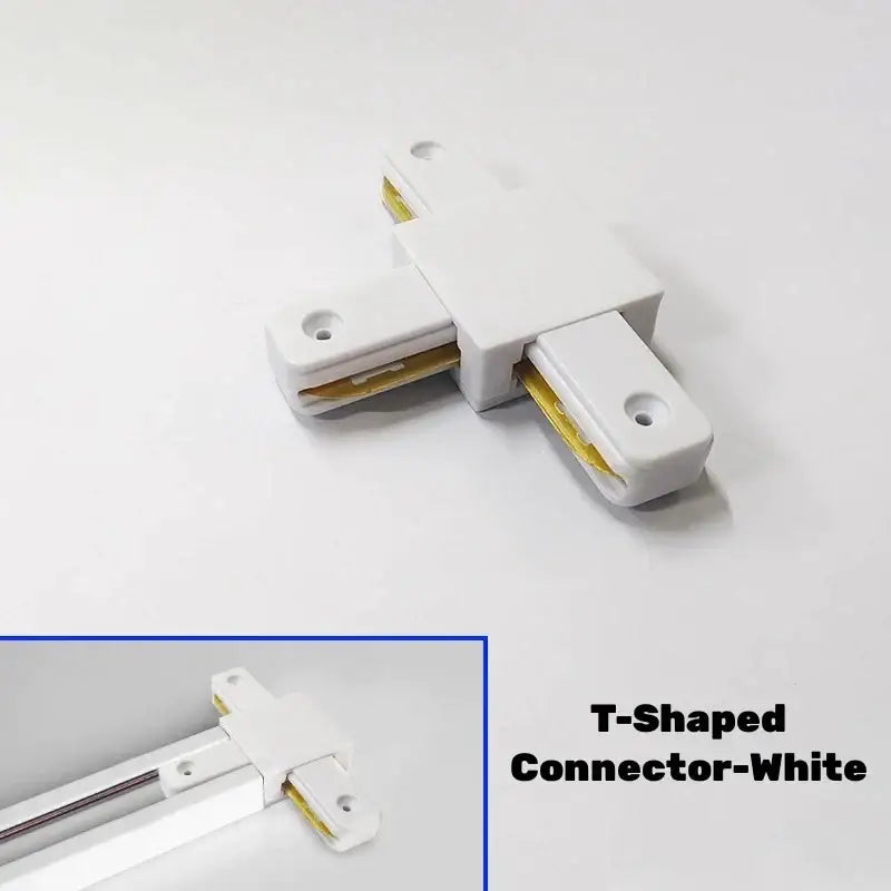 White t-shaped track lighting connector with gold internal contacts for decorbites aluminum track rail system