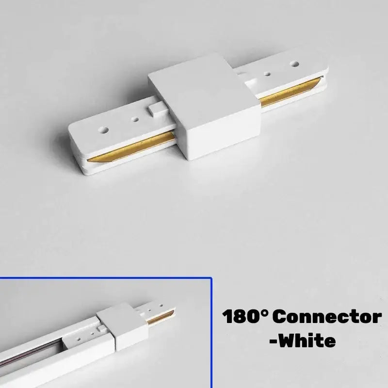 White 180-degree aluminum track rail connector with gold internal rails for decorbites track lighting system