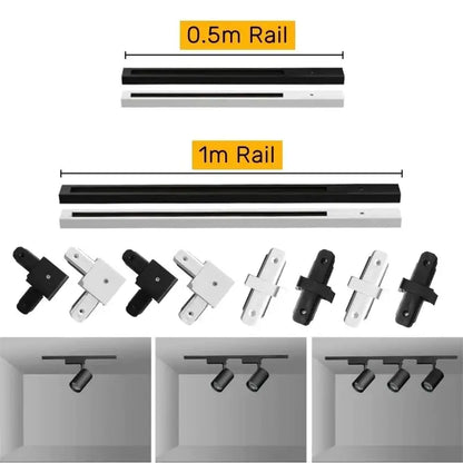 DecorBites aluminum track rail featuring black and white adjustable connectors for modern track lighting setups