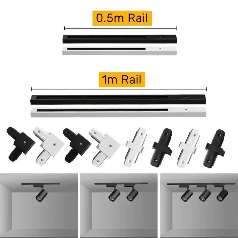DecorBites aluminum track rail featuring black and white adjustable connectors for modern track lighting setups