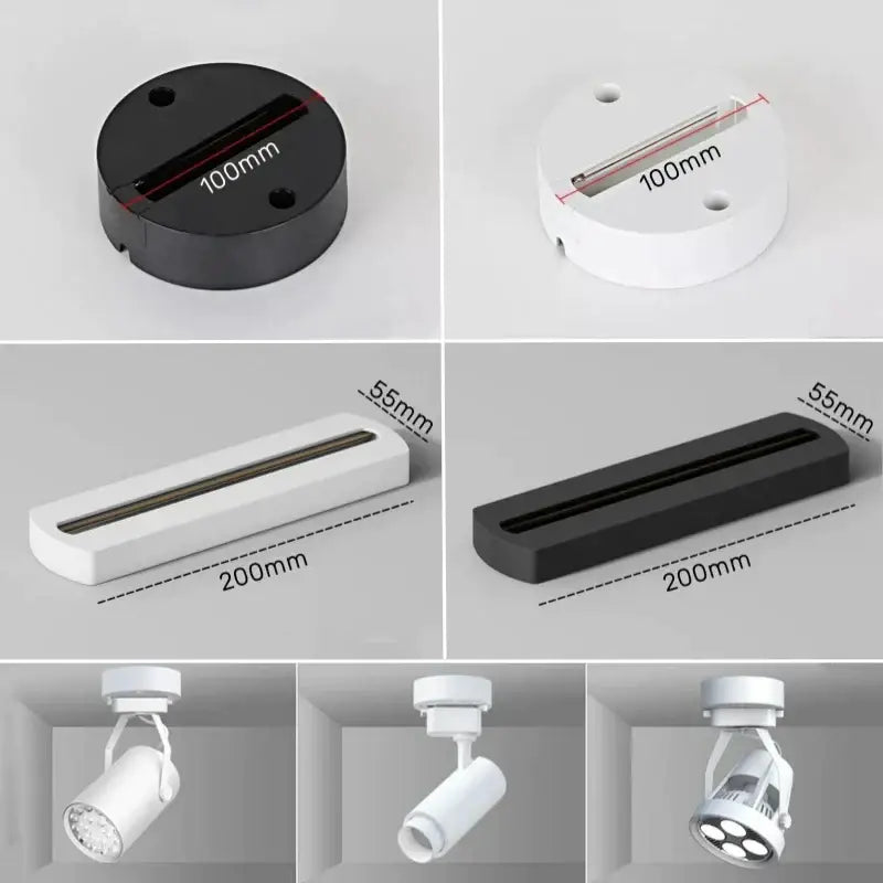 Decorbites aluminum track rail led ceiling spotlight system with black and white circular and rectangular track lighting fixtures