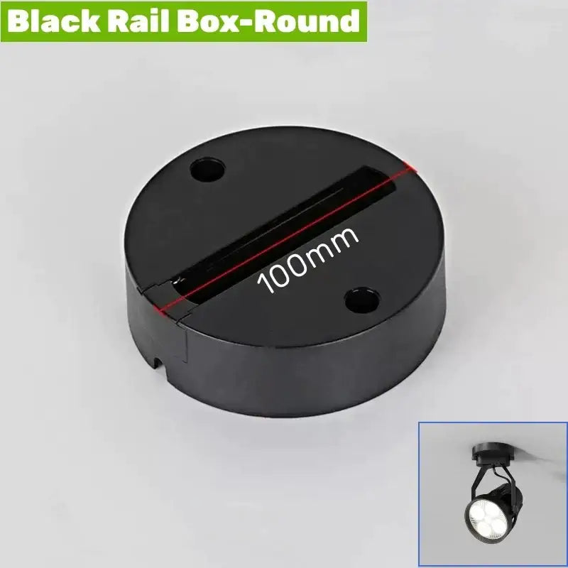 Black round aluminum track rail with 100mm diameter two mounting holes and central slot for track lighting fixtures