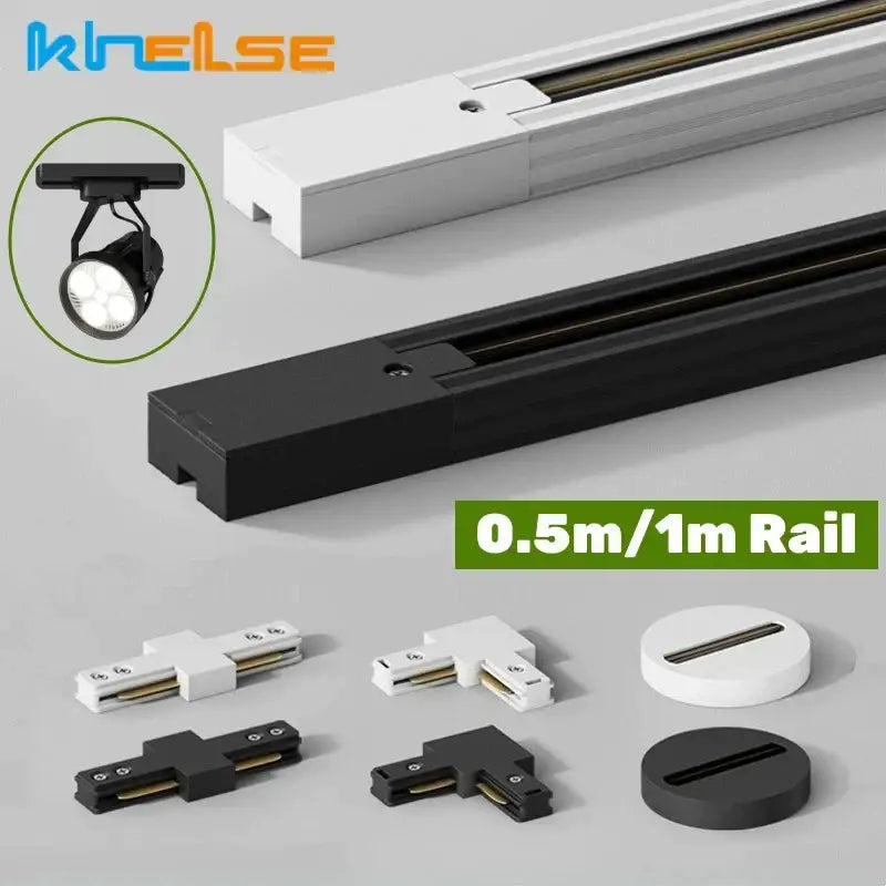 Black and white aluminum track rail with magnetic fixtures and connectors for modern track lighting interior design