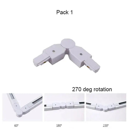 White plastic 90-degree led track lighting connector with central rotating joint for flexible angles in decorbites aluminum track rails