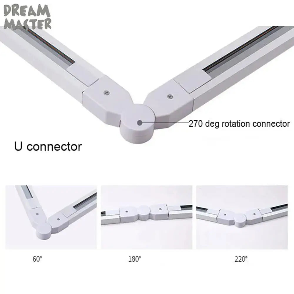 White plastic u-shaped connector with 270-degree rotation for adjustable lighting in decorbites aluminum track rails