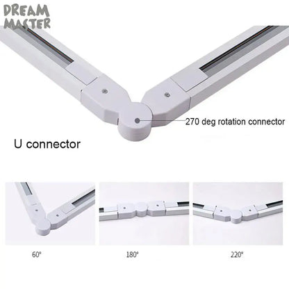 White plastic u-shaped connector with 270-degree rotation for adjustable lighting in decorbites aluminum track rails