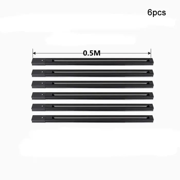 Six black plastic track pieces 0.5 meters each with central slot for mounting hardware in decorbites aluminum track rails