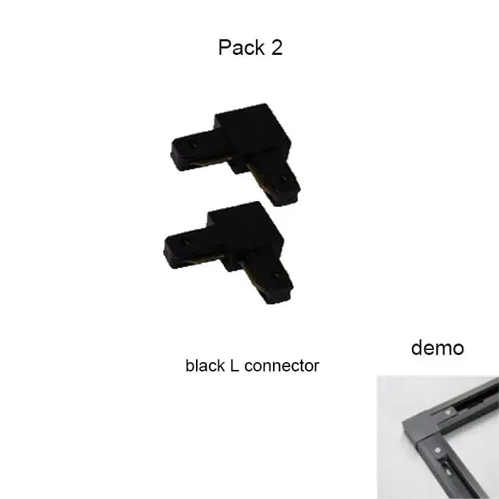 Black l-shaped plastic connectors with matte finish and mounting holes for decorbites aluminum track rails