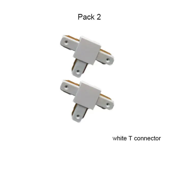 White T-shaped DecorBites aluminum track lighting connectors with square bodies and gold aluminum track rails mounting plates