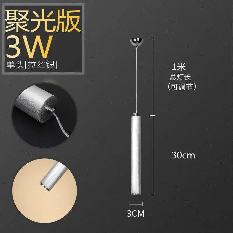 Silver-finished aluminum tube decorbites pendant light with 3w single head and adjustable length for dining room and kitchen