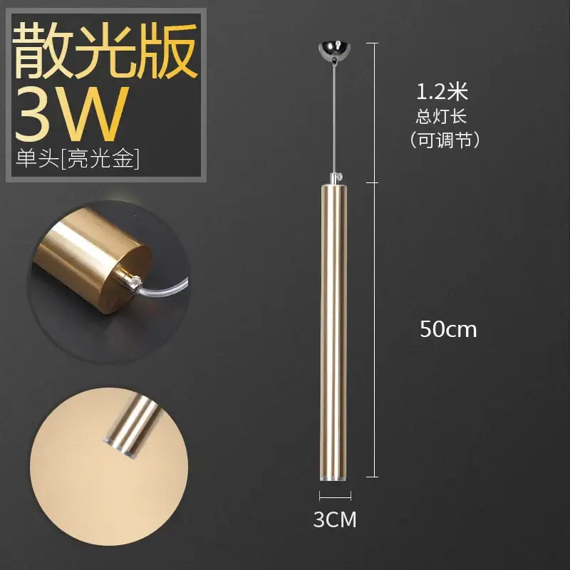A sleek 3w aluminum tube pendant light with polished gold finish by DecorBites for dining and kitchen decor