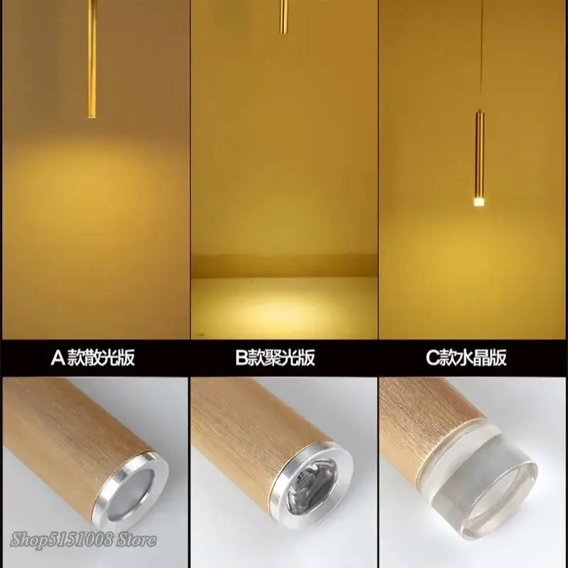 A decorbites pendant light with a modern cylindrical wooden finish and aluminum accents for dining room and kitchen decor