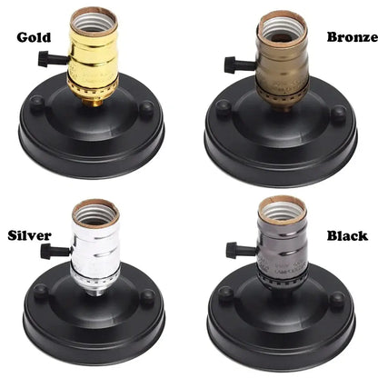 Set of four decorbites aluminum vintage e27 socket holders with black bases and metallic retro finishes mounted on wall
