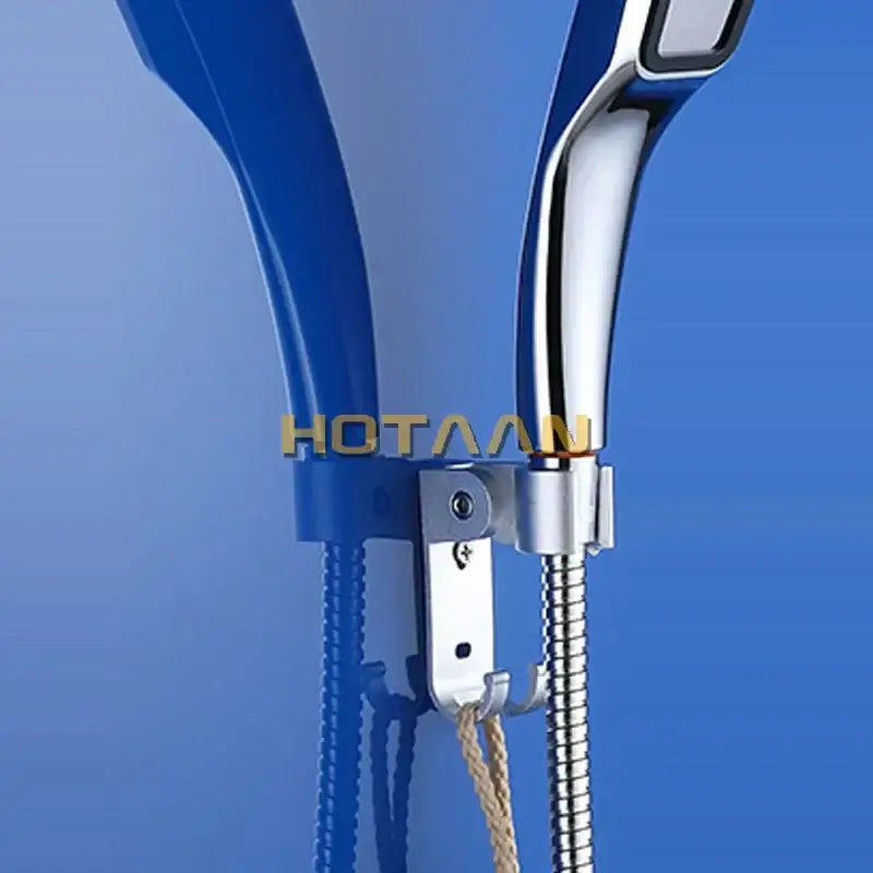 Blue and chrome aluminum hand shower holder with braided rope attachment wall mounted shower holder hook by decorbites
