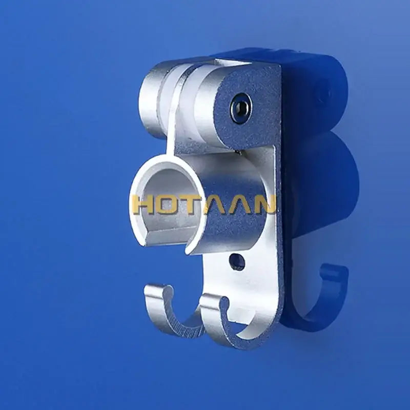 DecorBites aluminum wall mounted hand shower holder hook in silver metallic with blue plastic backing for shower use