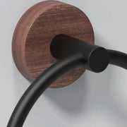 Black matte aluminum towel ring with circular walnut wood backplate for bathroom and kitchen wall mount