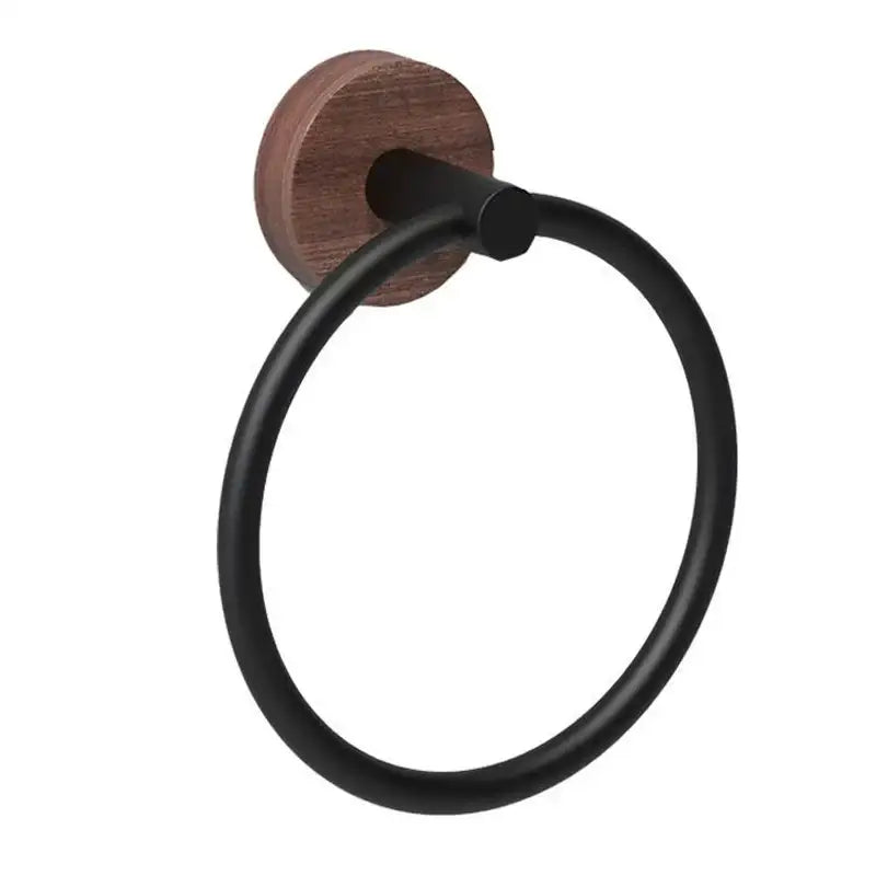 Decorbites aluminum and walnut towel ring with black matte metal and circular walnut towel backplate for bathroom use