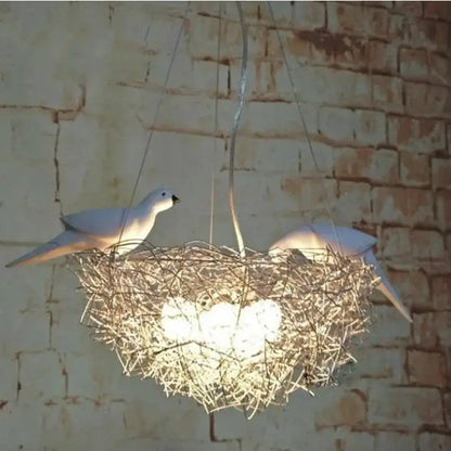 White ceramic aluminum wire bird nest pendant lights with two doves for bedroom hallway and restaurant decorbites