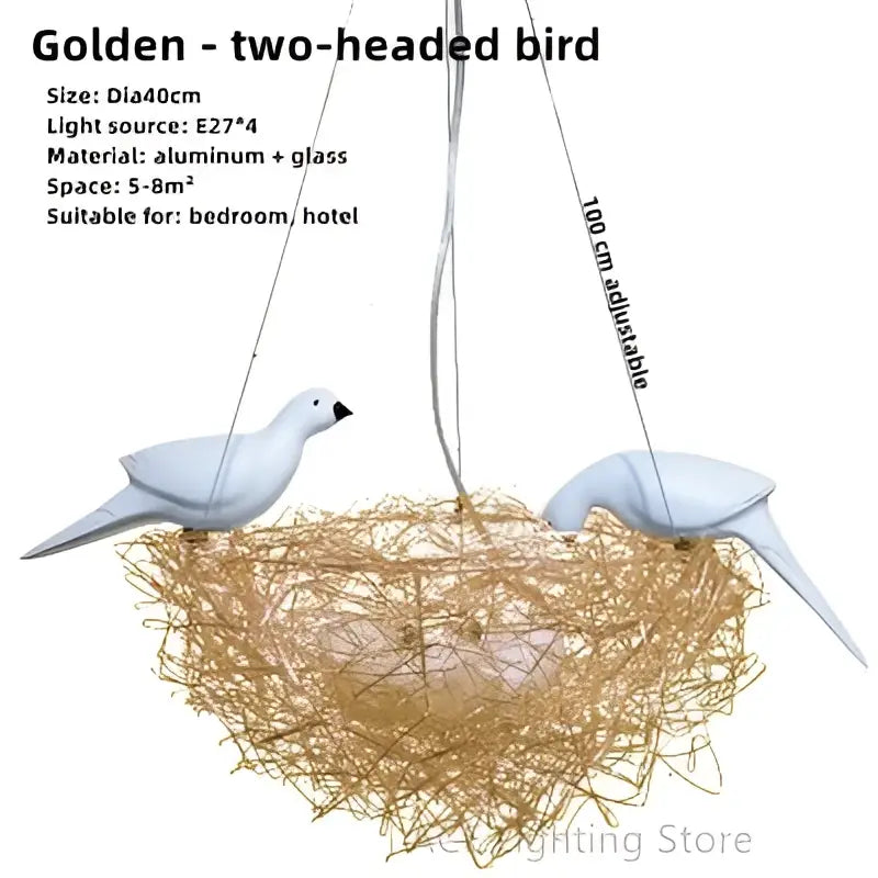 Golden two-headed bird pendant lights with woven nest design aluminum and glass for bedroom hallway and restaurant use