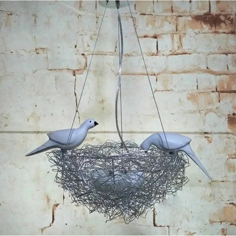 Silver aluminum wire bird nest pendant light with two matte white ceramic birds for bedroom hallway and restaurant use