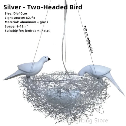 Silver aluminum wire two-headed bird pendant light with woven bird’s nest design for bedroom and restaurant lighting