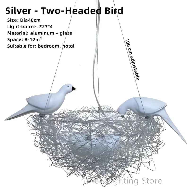 Silver aluminum wire two-headed bird pendant light with woven bird’s nest design for bedroom and restaurant lighting