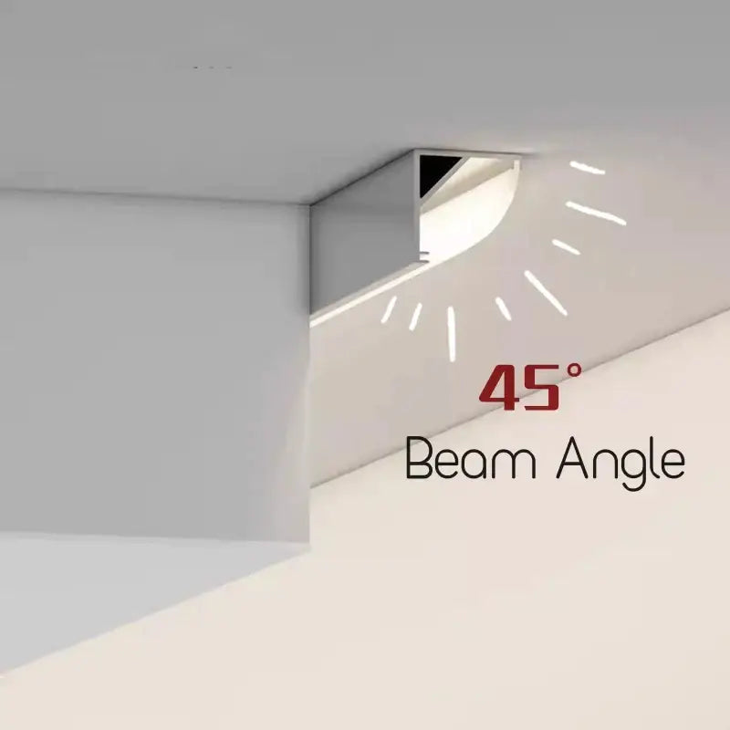 Modern recessed ceiling led strip light with sleek angular chrome aluminum profile and 45 degree beam angle