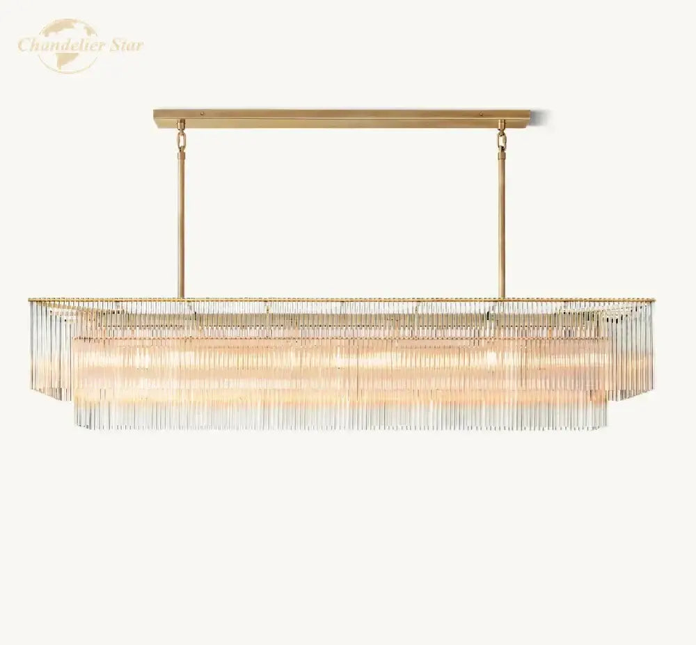 Gold-toned amadeo crystal led chandelier with cascading clear glass rods modern rectangular pendant light