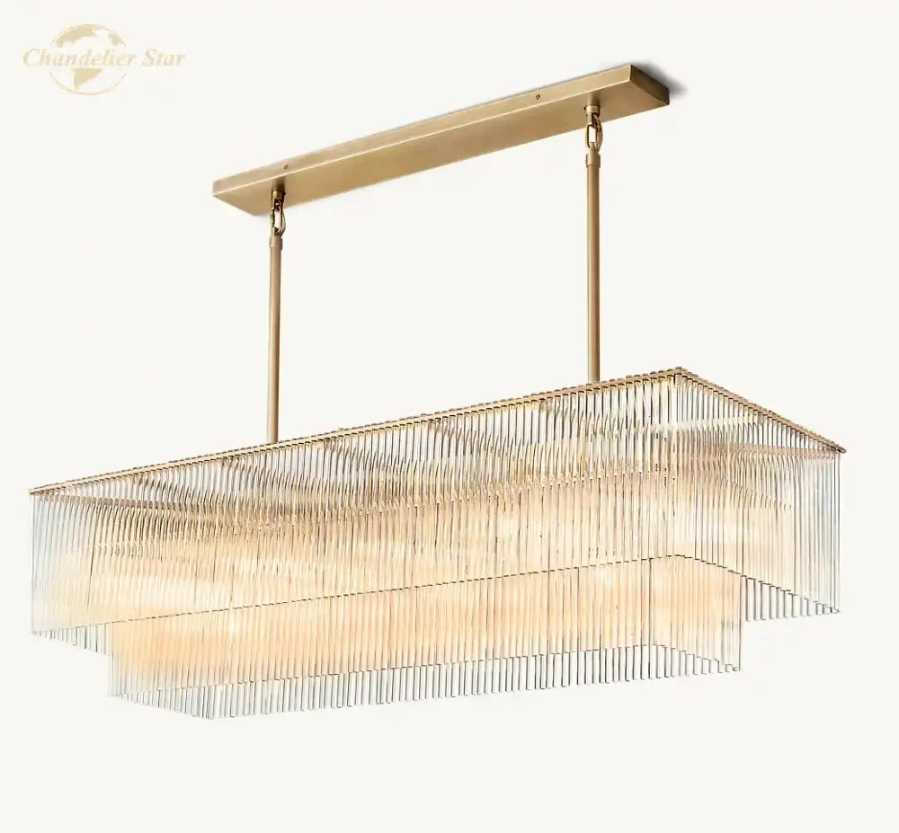Brass-finished rectangular amadeo crystal led chandelier with cascading glass prisms for kitchen island lighting