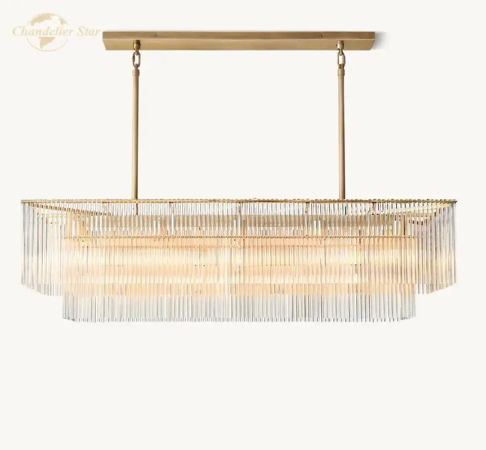 Modern rectangular amadeo crystal led chandelier with brass frame and cascading clear glass rods for kitchen island lighting