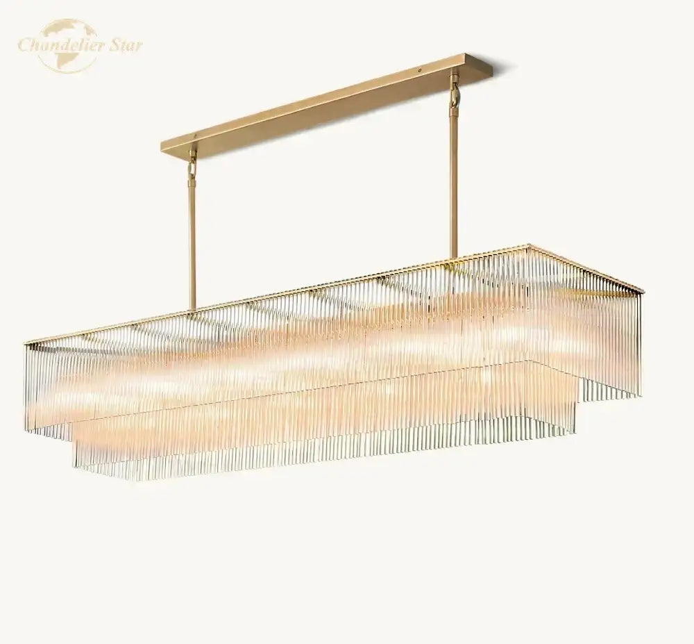 Gold-toned rectangular amadeo crystal led chandelier with cascading glass rods and modern tiered design for dining room