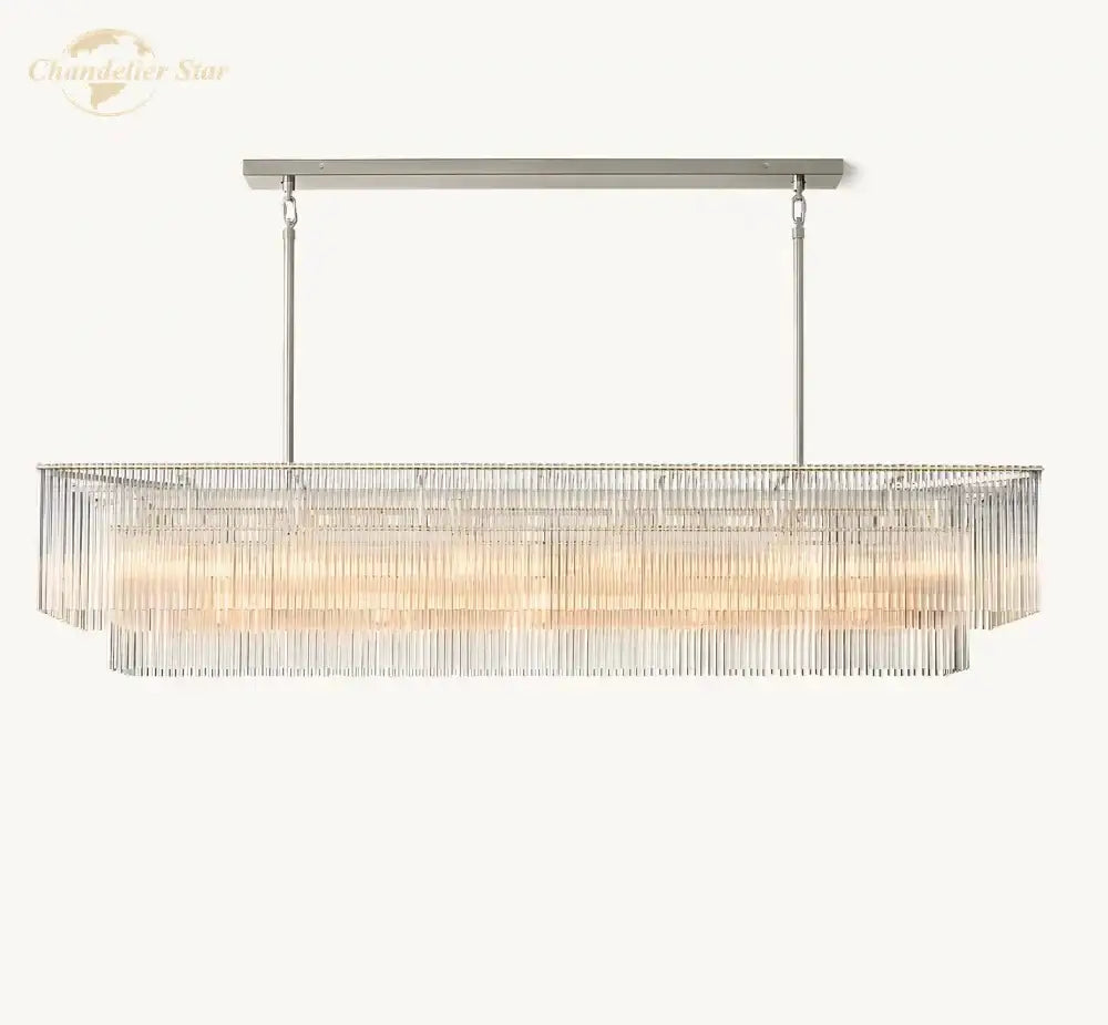 Modern rectangular amadeo crystal led chandelier with brushed nickel frame and clear faceted glass rods for dining room
