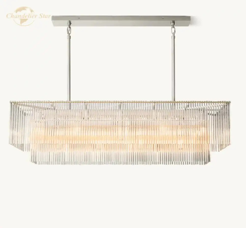 Modern rectangular amadeo crystal led chandelier with brushed nickel frame and cascading clear glass prisms for dining room